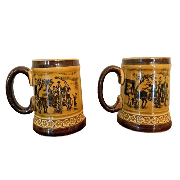 Steins Vintage Japan Victorian Carriage Stagecoach Scene Mugs Relco Set of 2 - Picture 2 of 11